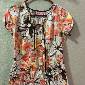 Vibrant Floral Blouse - Orange, Pink, Brown